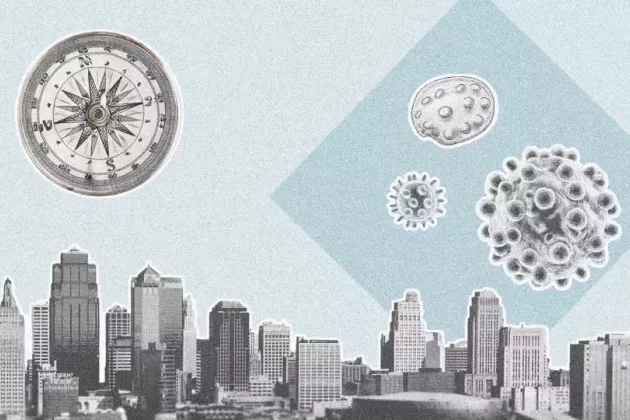 City, compass and microorganisms. Illustration. 