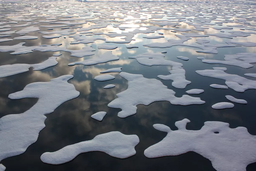 Ice and snow on water. Photo.